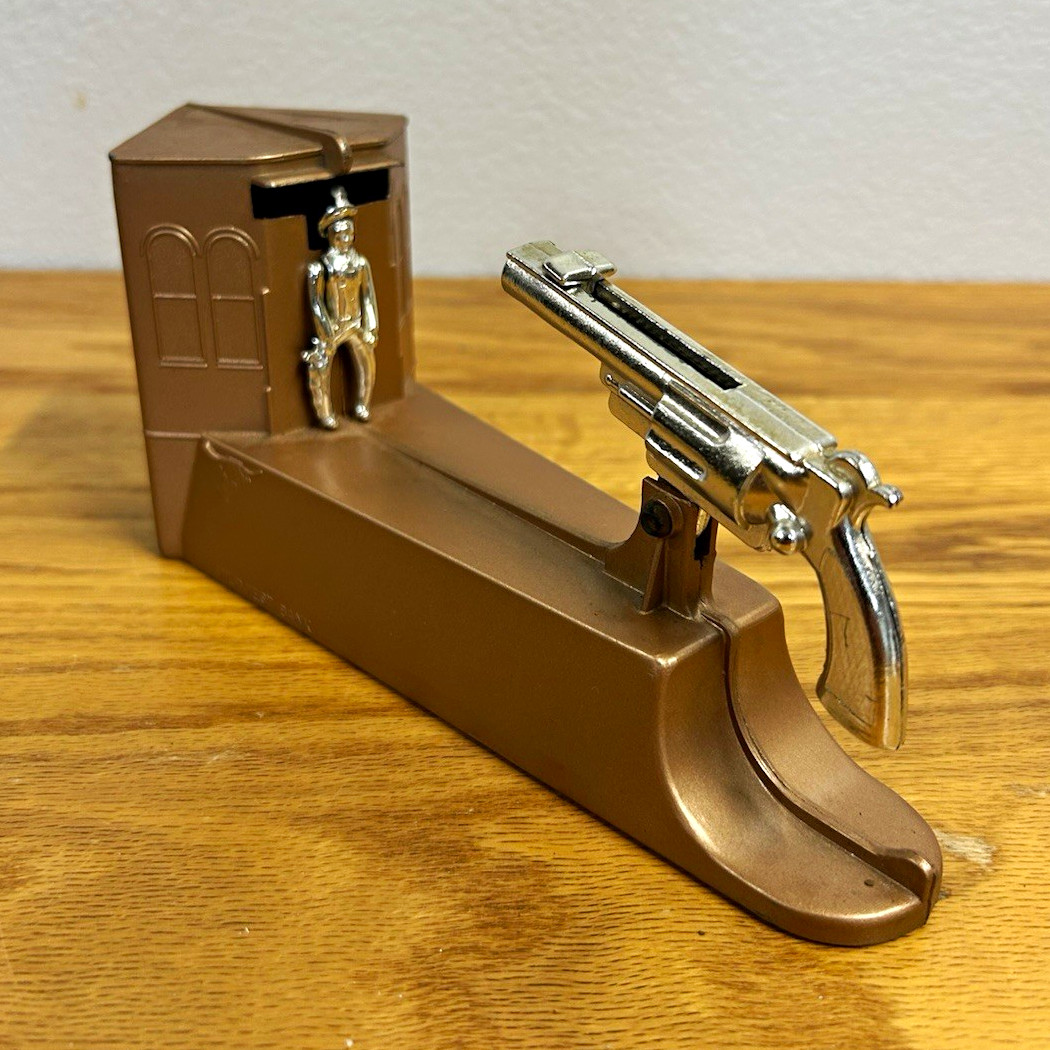 Wild West Mechanical Coin Bank Pistol Shooting Cowboy Antique Vintage Wild West Mechanical Coin Bank Pistol Shooting Cowboy Antique Vintage