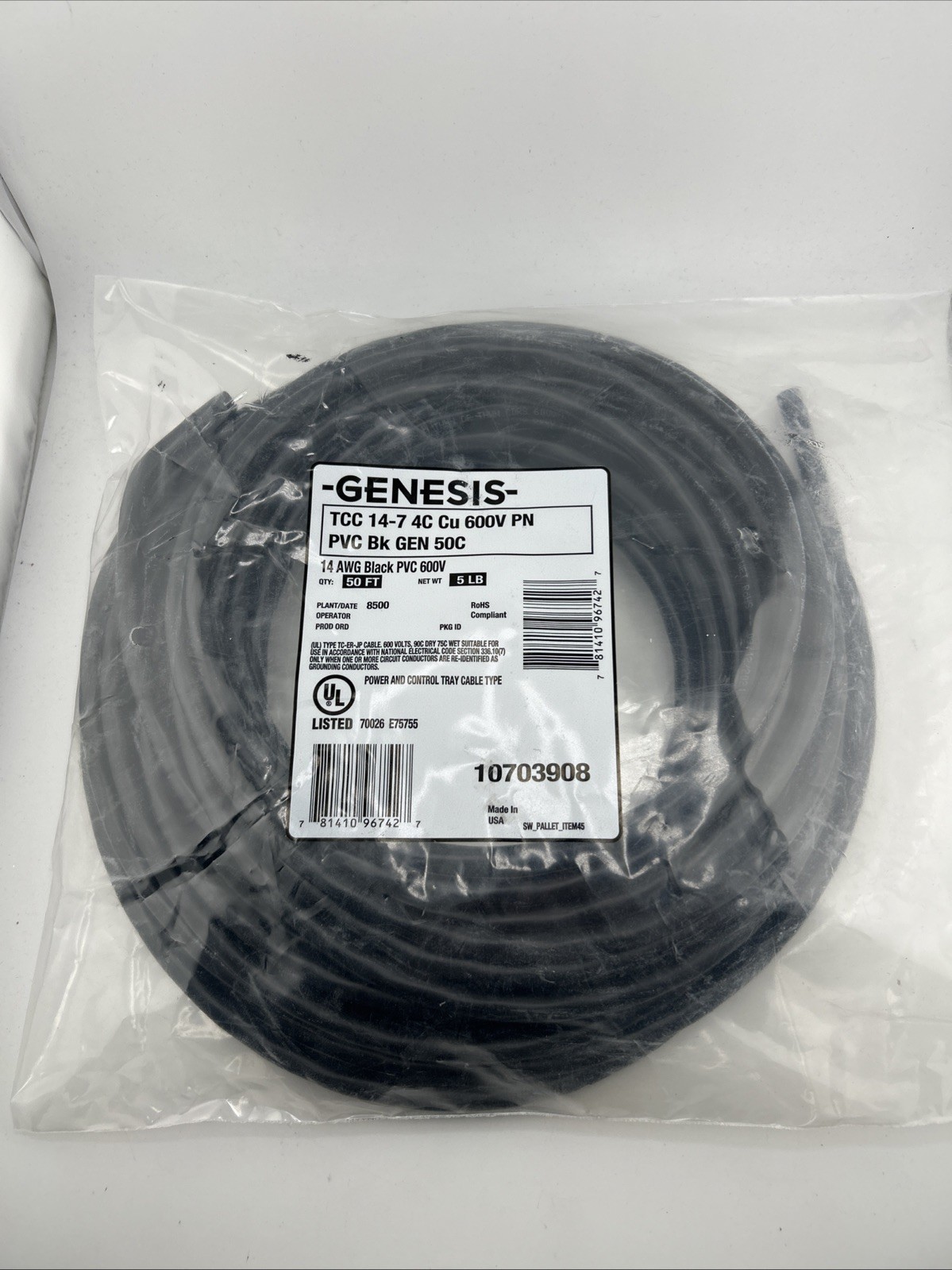 Genesis 14 Gauge 4 Conductor 50 Foot  Black Cable, 10703908