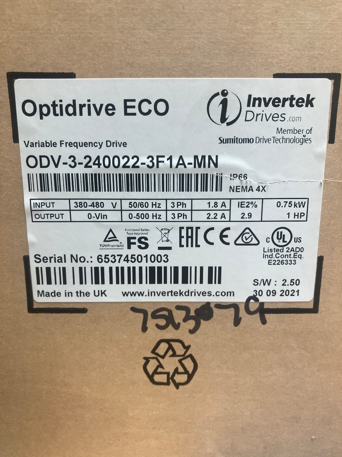 ODE-3-140022-3F12 Invertek VFD 1HP 2.2A 380V-480V 3Ph/3Ph NEW OPEN BOX