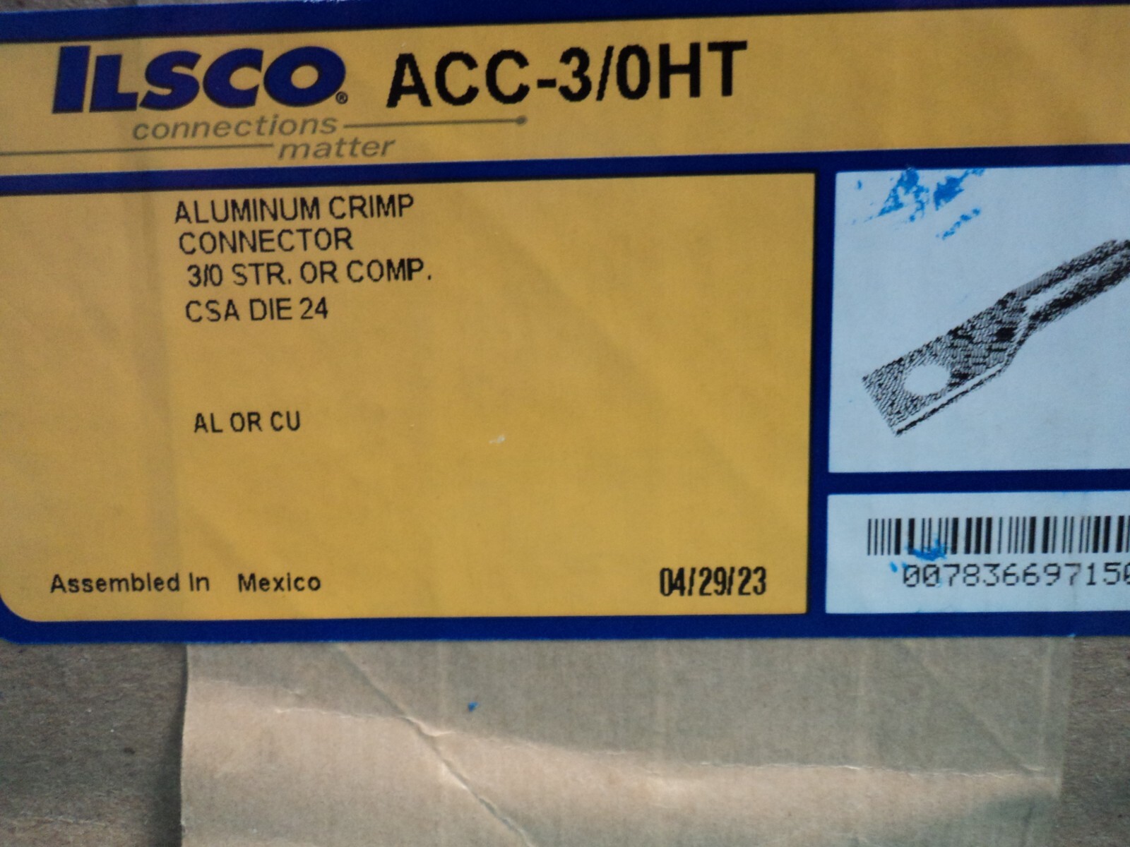New box of 25 ILSCO ACC-3/0HT 6061-T6 Aluminum Crimp Connectors New box of 25 ILSCO ACC-3/0HT 6061-T6 Aluminum Crimp Connectors