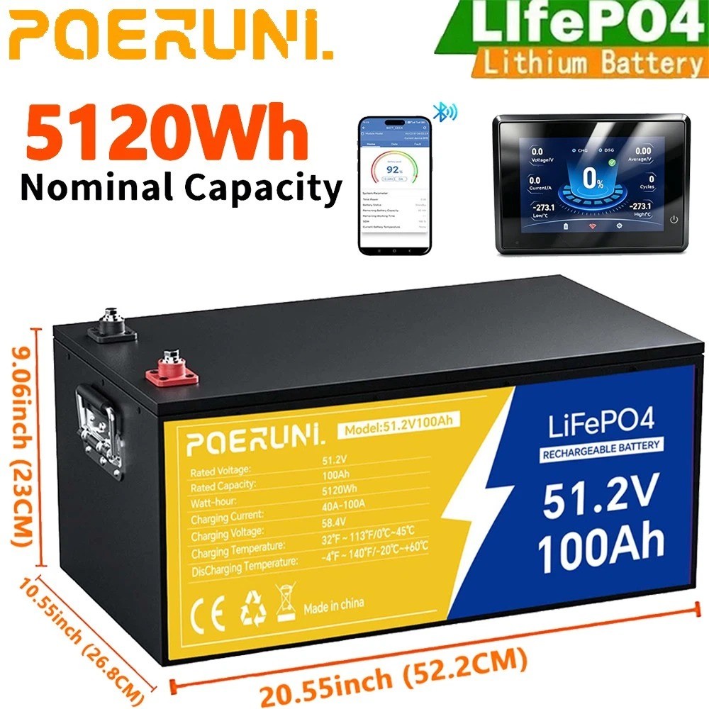POERUNI 48V 100Ah LiFePO4 Lithium Battery 5120Wh LCD Monitor Golf Cart Bluetooth POERUNI 48V 100Ah LiFePO4 Lithium Battery 5120Wh LCD Monitor Golf Cart Bluetooth