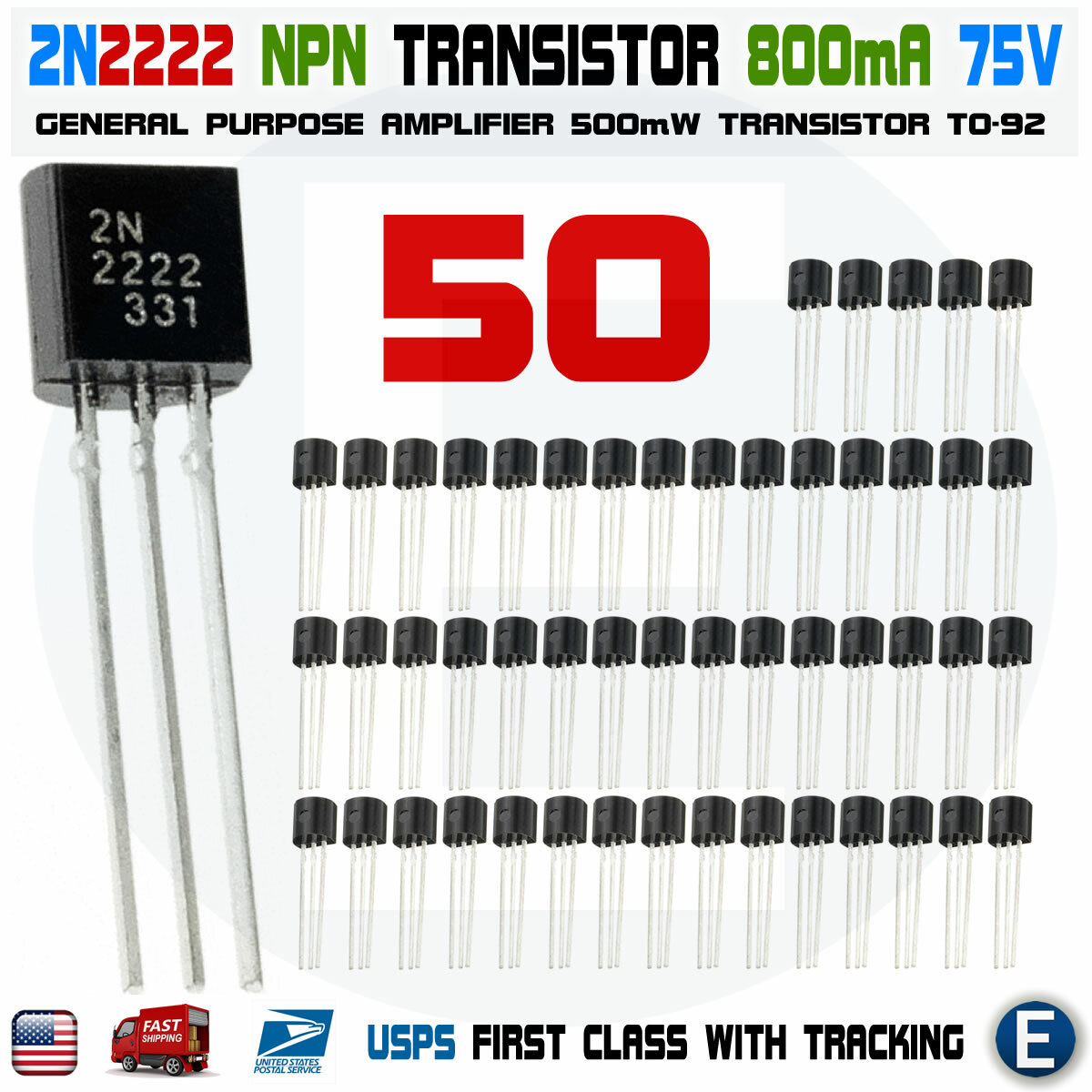 50pcs 2N2222A NPN 2N2222 TO-92 Plastic-Encapsulate Power Transistors 75V 0.8A 50pcs 2N2222A NPN 2N2222 TO-92 Plastic-Encapsulate Power Transistors 75V 0.8A