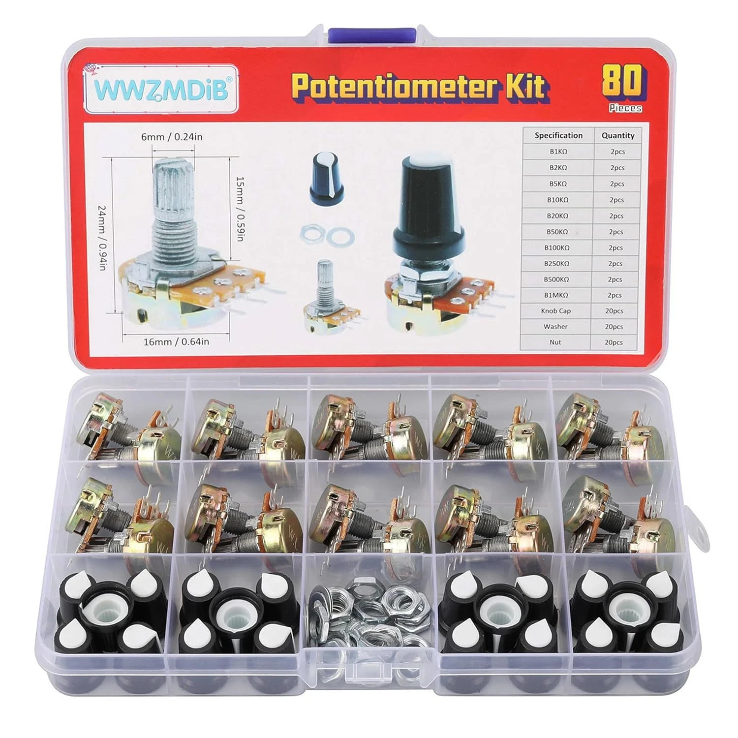 80 Pcs Potentiometer Kit With Knobs B1K 2K 5K 10K 20K 50K 100K 250K 500K 1M Ohm