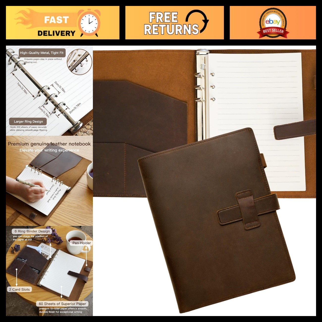 Refillable A5 Leather Binder Notebook 6-Ring Vintage Planner, 120 Pages, Pocket, Refillable A5 Leather Binder Notebook 6-Ring Vintage Planner, 120 Pages, Pocket,