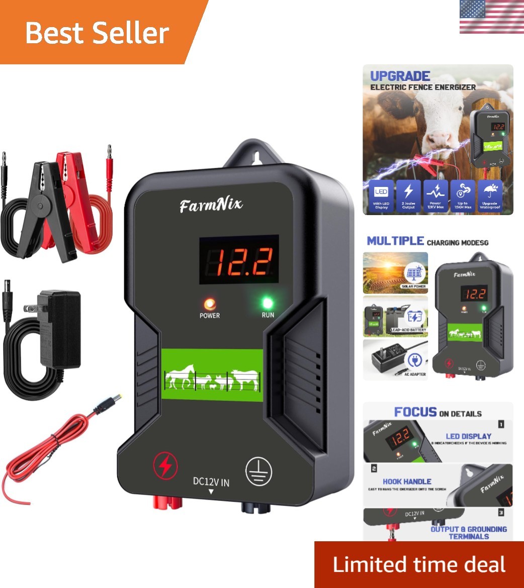 Innovative 12KV Electric Fence Charger: 2 Joules, AC/DC/Solar Power, 15KM Range
