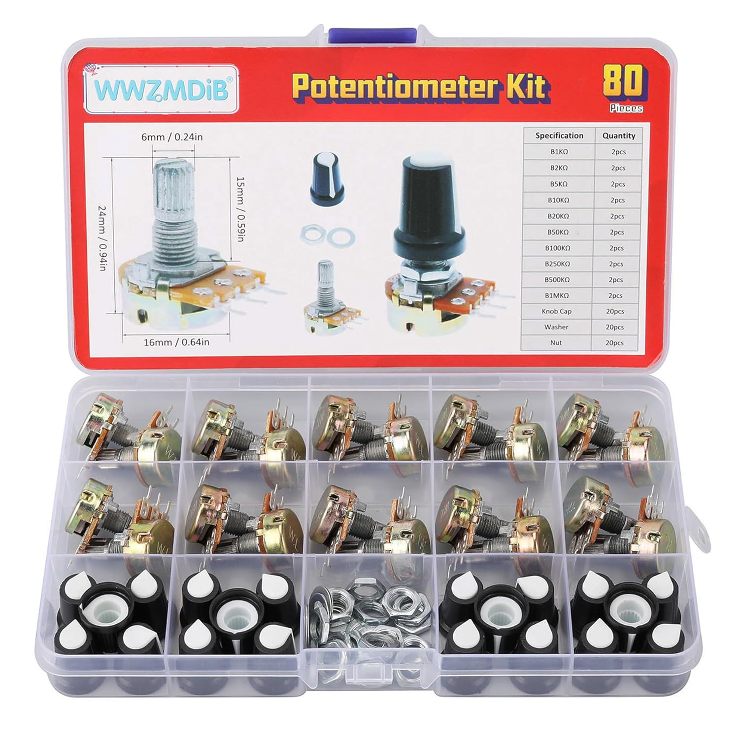 80 Pcs Potentiometer Kit with Knobs B1K 2K 5K 10K 20K 50K 100K 250K 500K 1M Ohm 80 Pcs Potentiometer Kit with Knobs B1K 2K 5K 10K 20K 50K 100K 250K 500K 1M Ohm