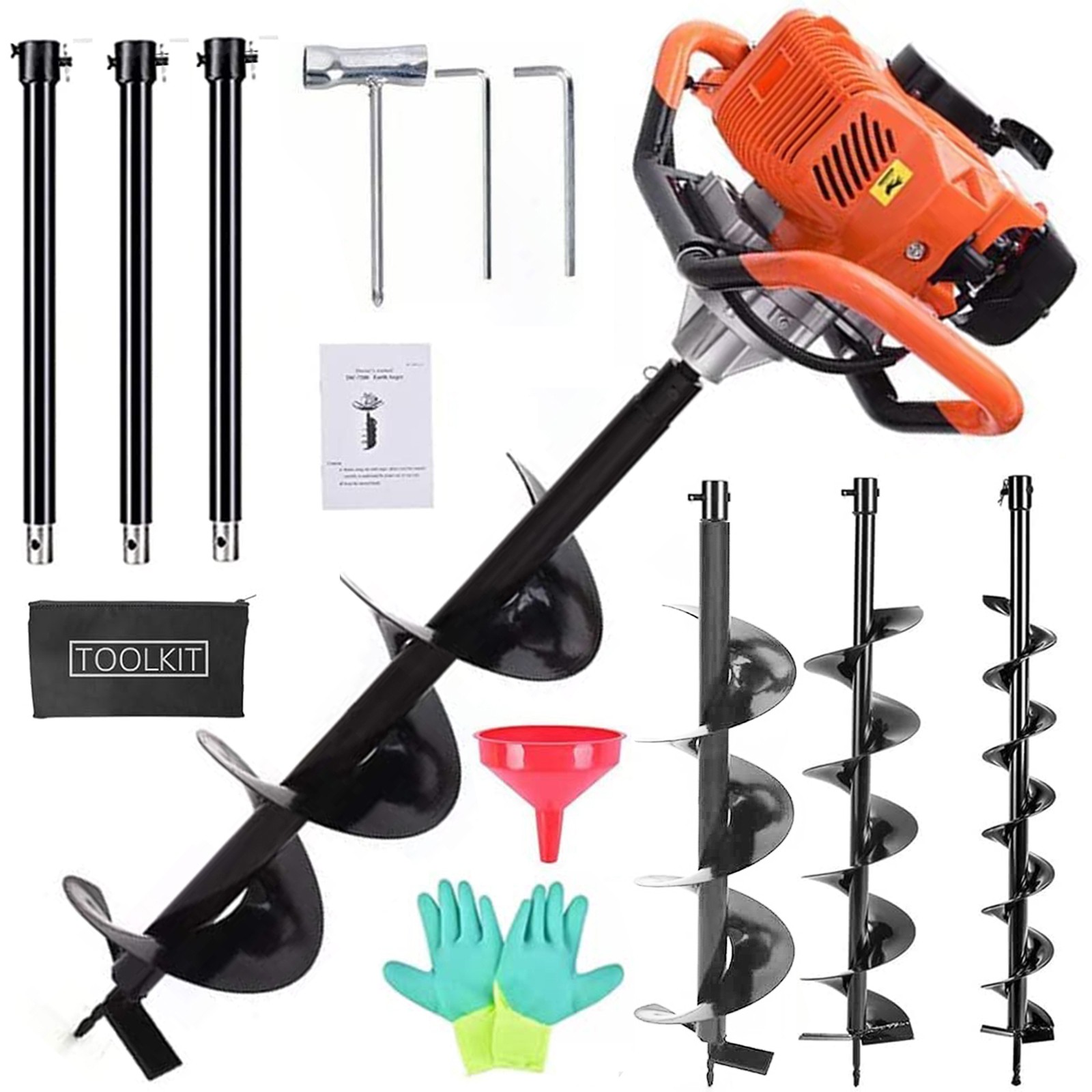 62cc Gas Earth Auger Post Hole Digger With 3 Drill Bits & Extension Rods