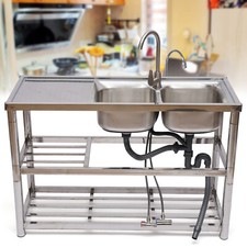 2 Compartment Stainless Steel Commercial Kitchen Utility Sink w/ Prep Table picture
