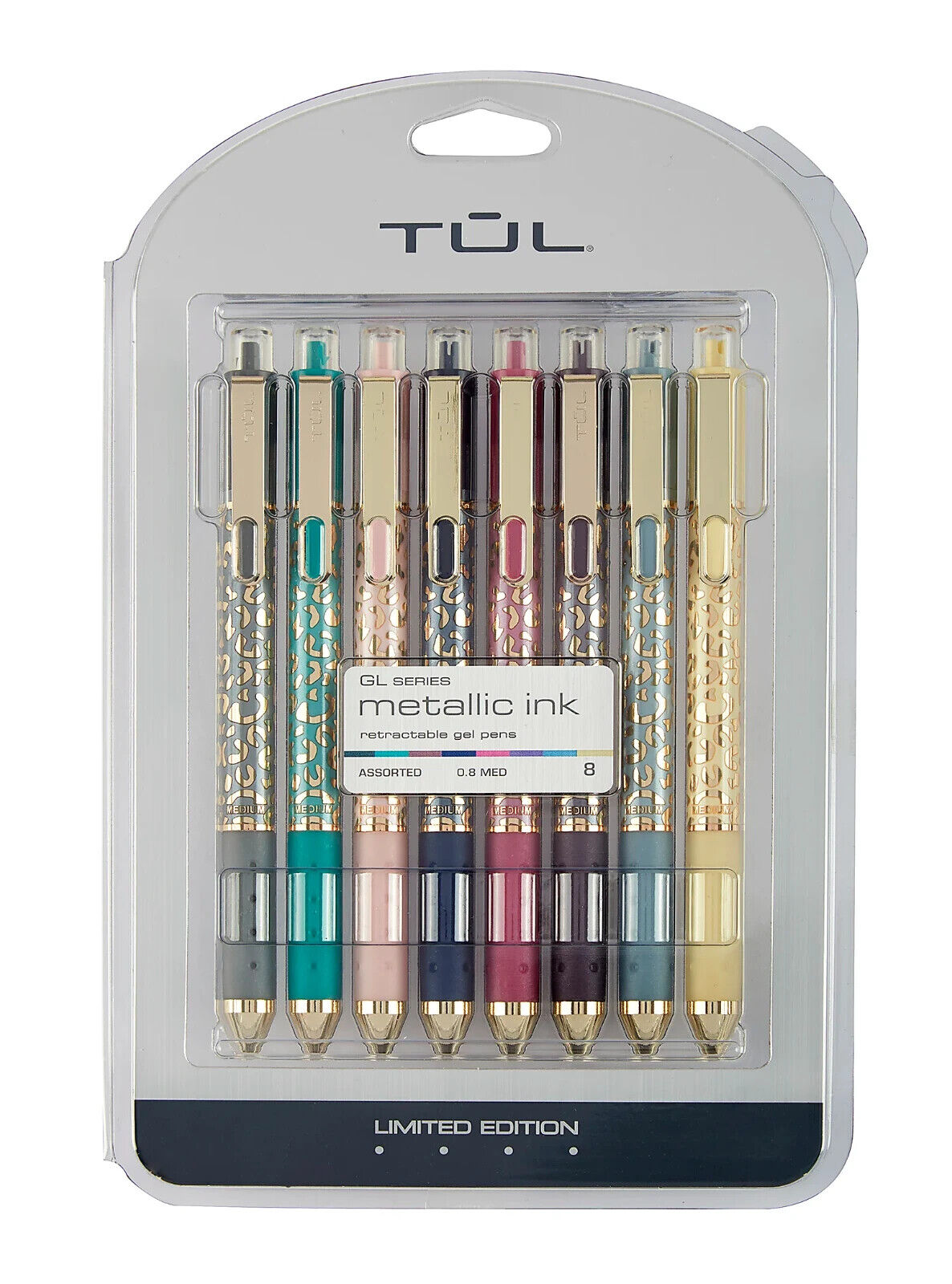 TUL Limited Edition Metallic Ink Leopard Pattern 0.8mm Gel Pens - 8 Pack