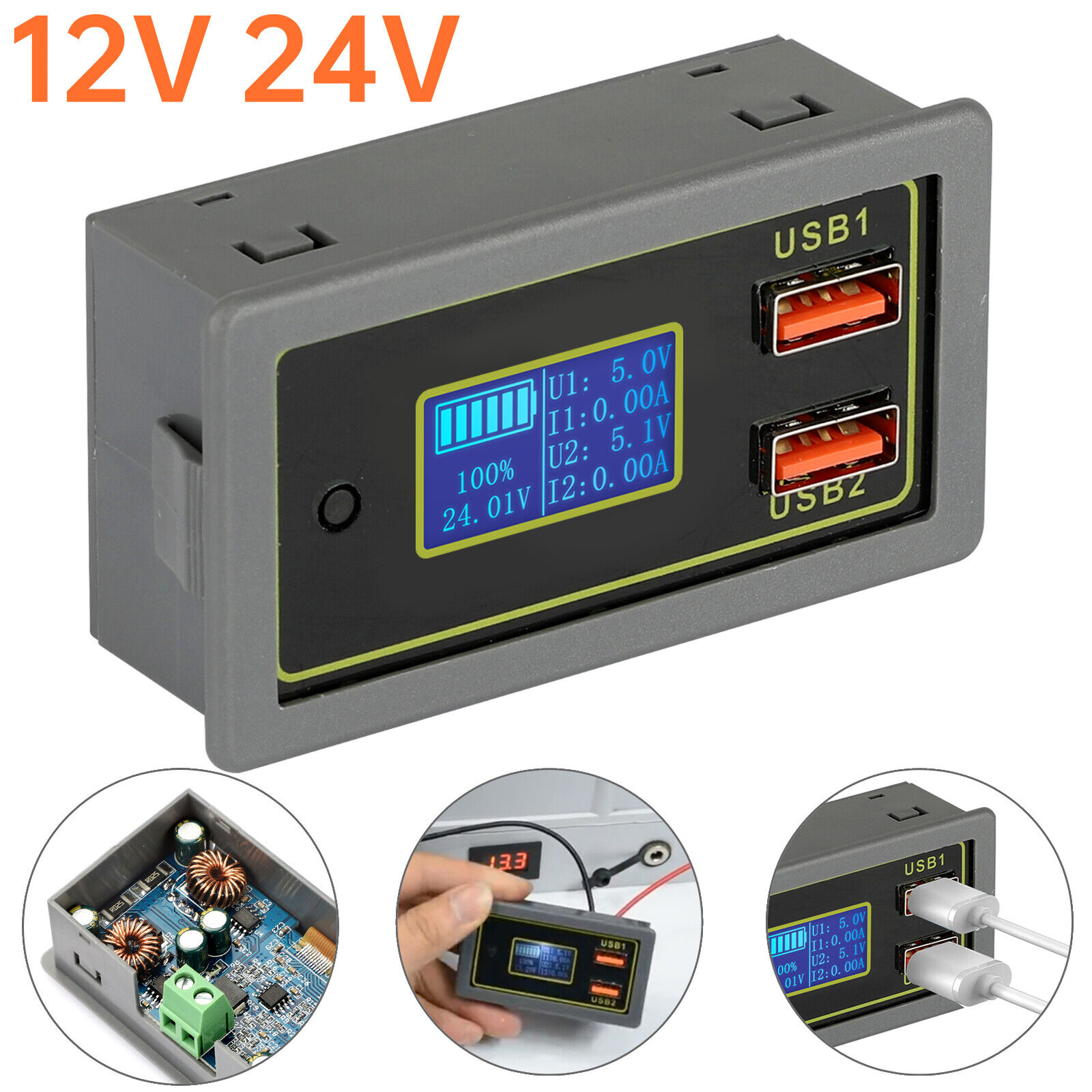 12V 24V Dual USB LCD Car Monitor Tester Charge Battery Capacity Voltage Display