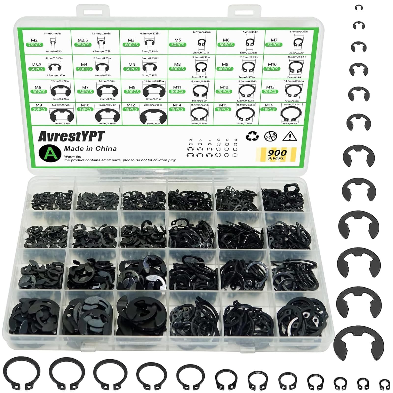 900Pcs C Clips Assortment (M5-M16) and E 16 millimeters, Black Size:900Pcs