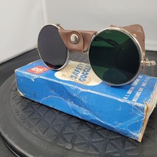 Vintage Bouton Safety Goggles Green Lens Metal Frame Leather Sides Steampunk picture