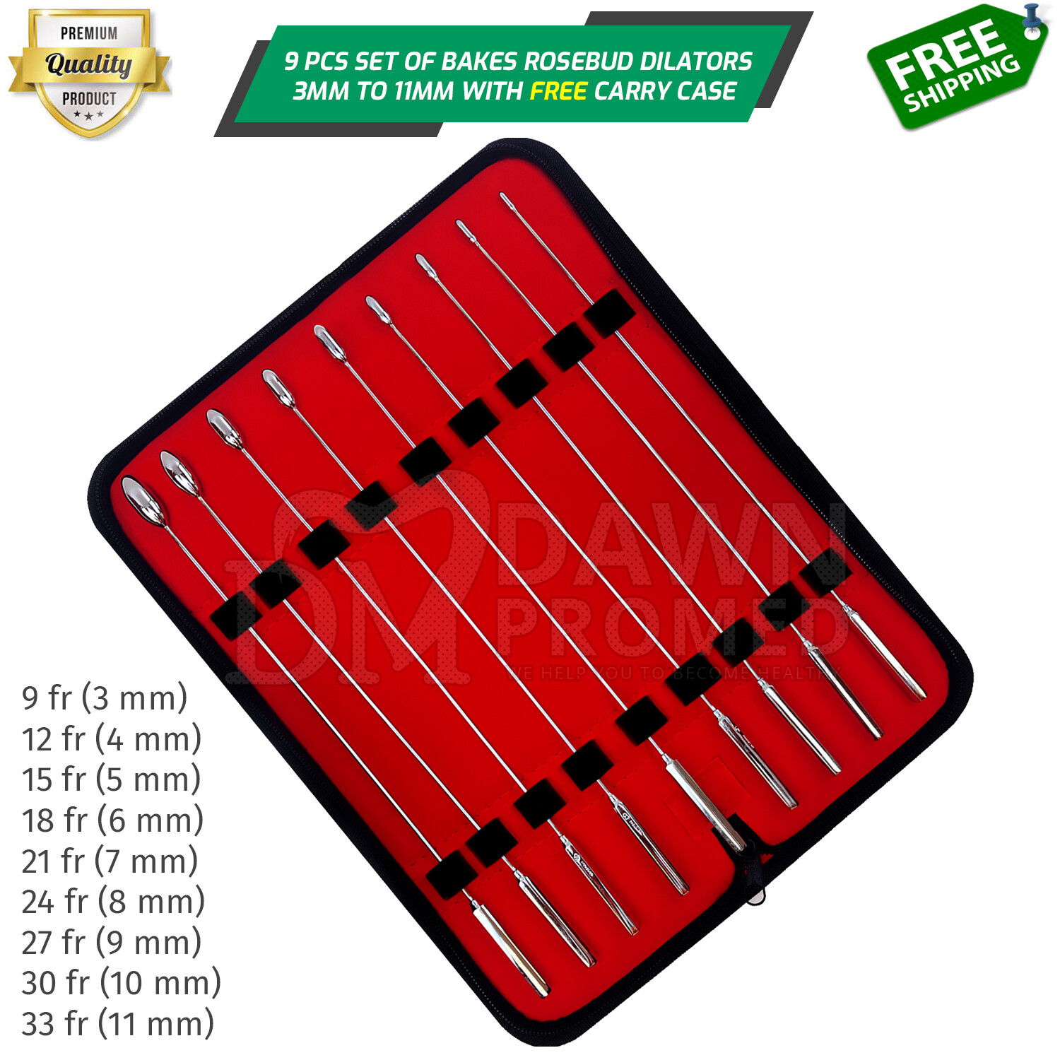 German Grade 9 Pcs Bakes Rosebud Urethral Sounds Dilator Surgical Set 3mm - 11mm German Grade 9 Pcs Bakes Rosebud Urethral Sounds Dilator Surgical Set 3mm - 11mm