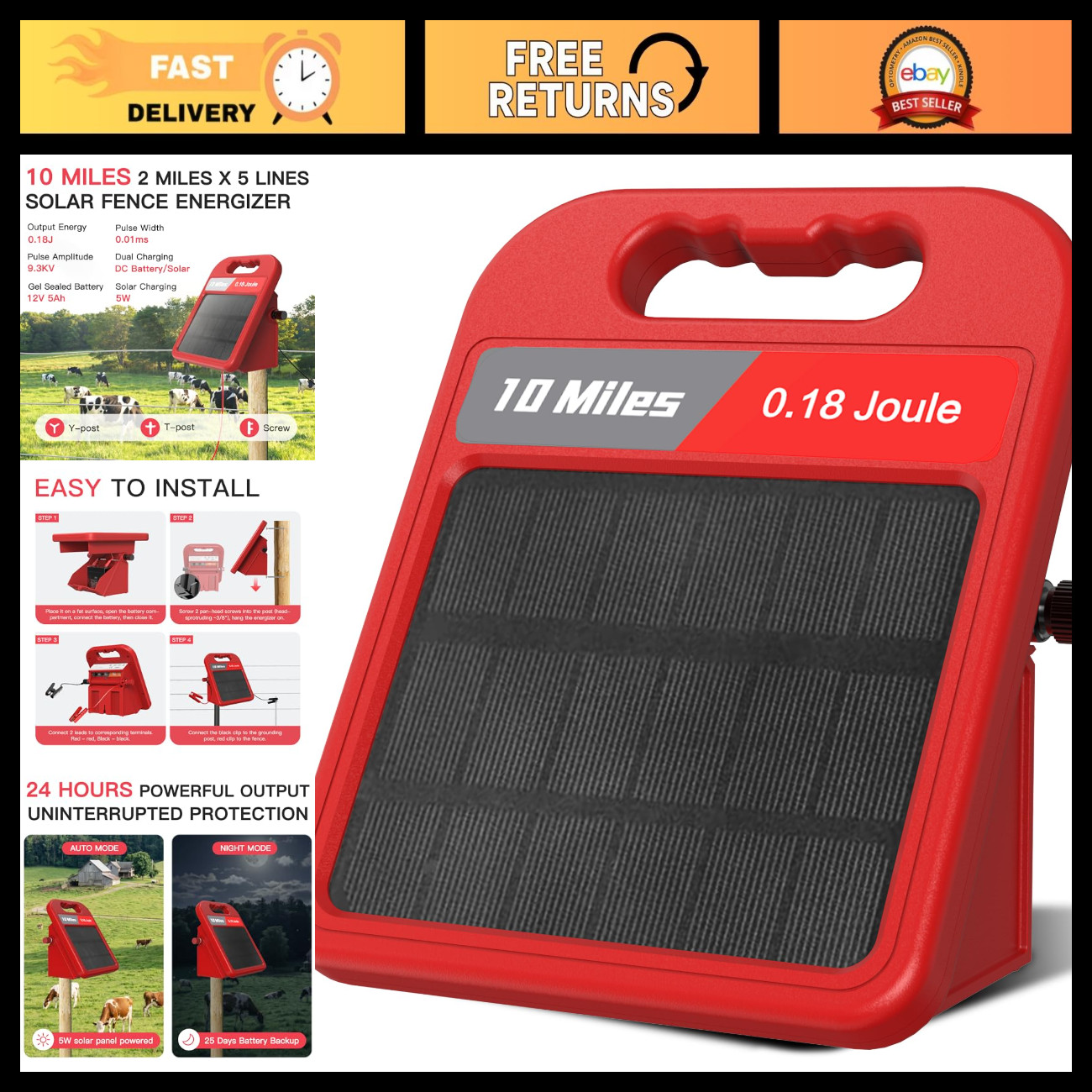 10 Mile Solar Electric Fence Charger 0.18J Energizer, Day/Night Mode, 24-Hour Pr 10 Mile Solar Electric Fence Charger 0.18J Energizer, Day/Night Mode, 24-Hour Pr
