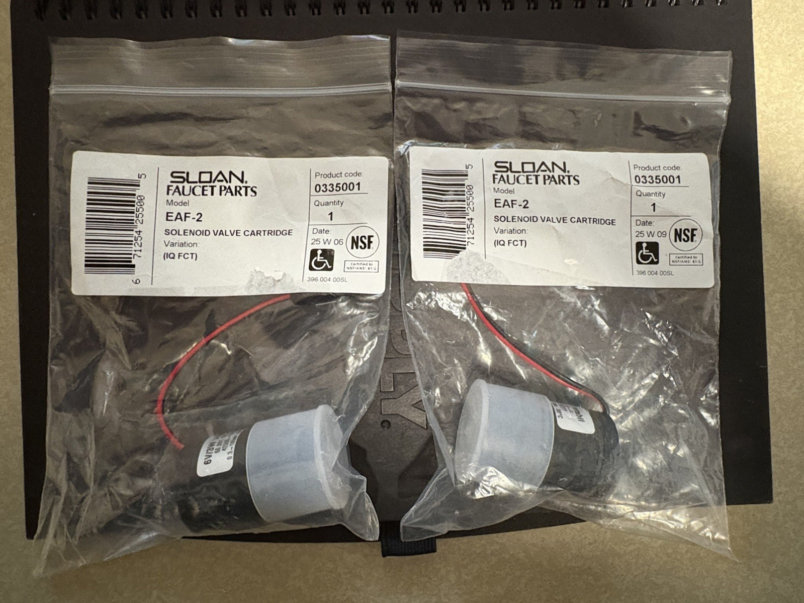 Quantity of 2. Sloan EAF-2 Solenoid Valve Cartridge Product Code 0335001 Quantity of 2. Sloan EAF-2 Solenoid Valve Cartridge Product Code 0335001