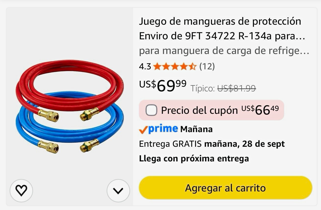 Enviro 34722 R-134a 9ft Charging/Vacuum Hose Set Red/Blue Brass 2pc