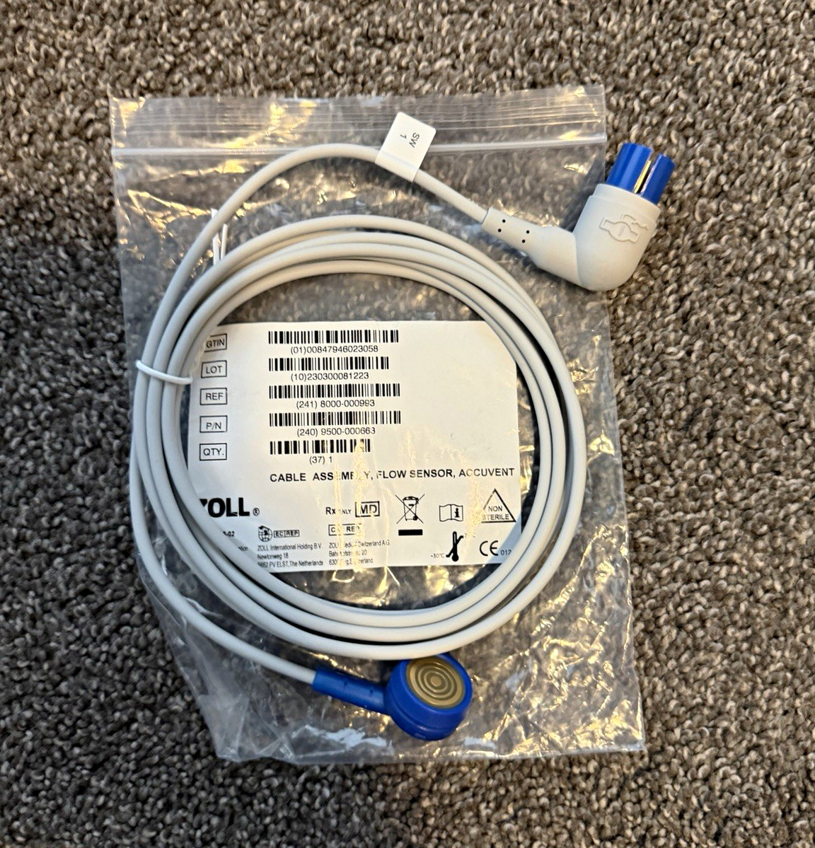 ZOLL AccuVent Flow Sensor Cable Assembly 3-Pin 1-Lead MPN 9500-000663