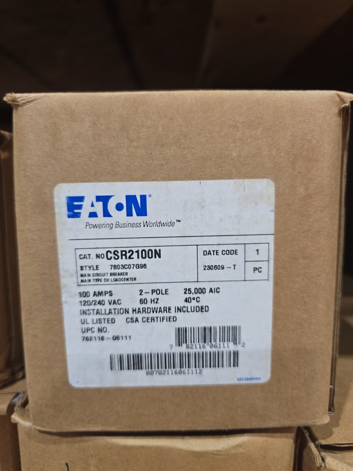 NEW Eaton CSR2100N 100 Amp 2 Pole 120/240VAC Main Circuit Breaker