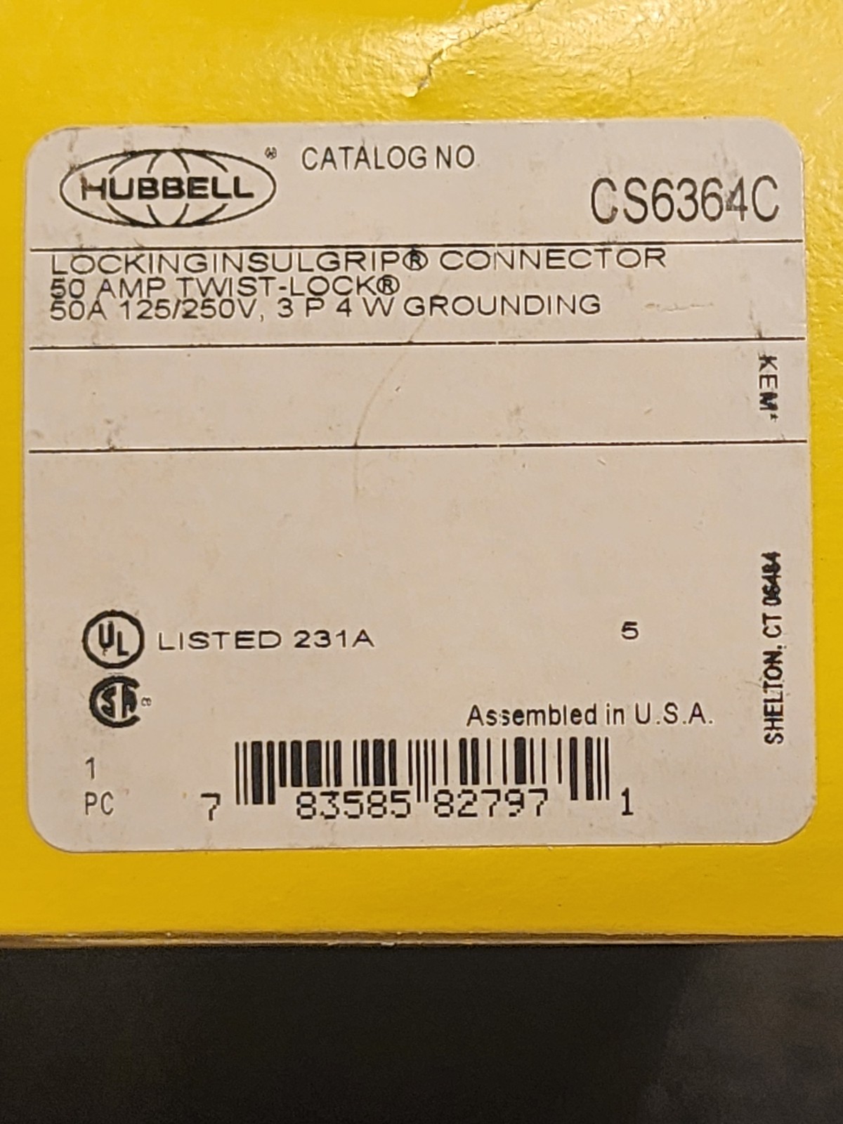 HUBBELL CS6364C 50A Twist-Lock Connector 3P 4W Grounding 125/250V HUBBELL CS6364C 50A Twist-Lock Connector 3P 4W Grounding 125/250V