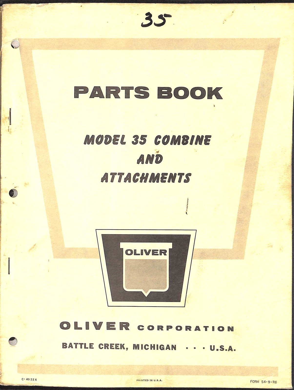 Oliver Model 35 Combine & Attachments Parts Book Form 54-9-R6 OEM Manual Oliver Model 35 Combine & Attachments Parts Book Form 54-9-R6 OEM Manual