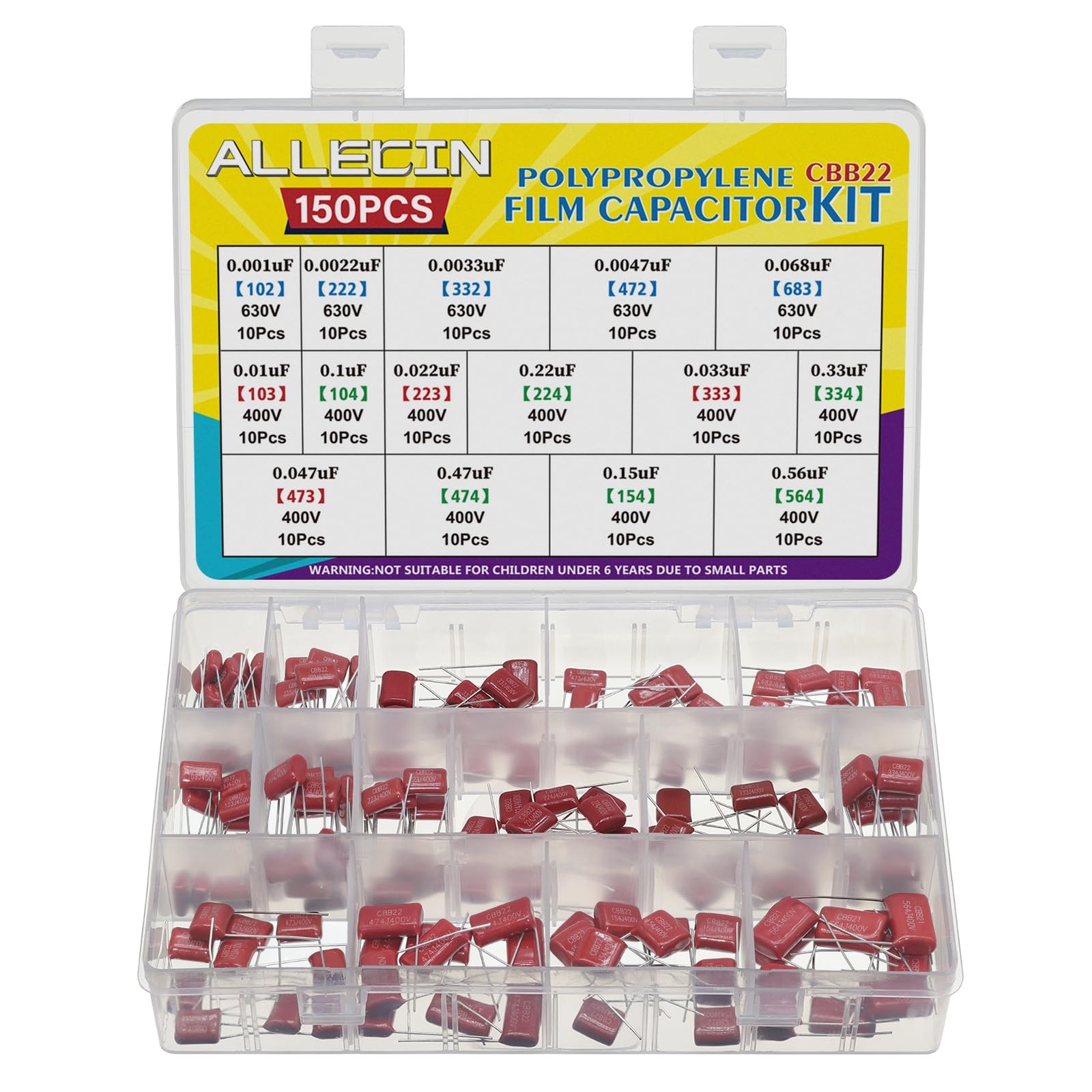 150PCS Metallized Polypropylene Polyester Film Capacitors Kit 0.001uF 0.0022u...