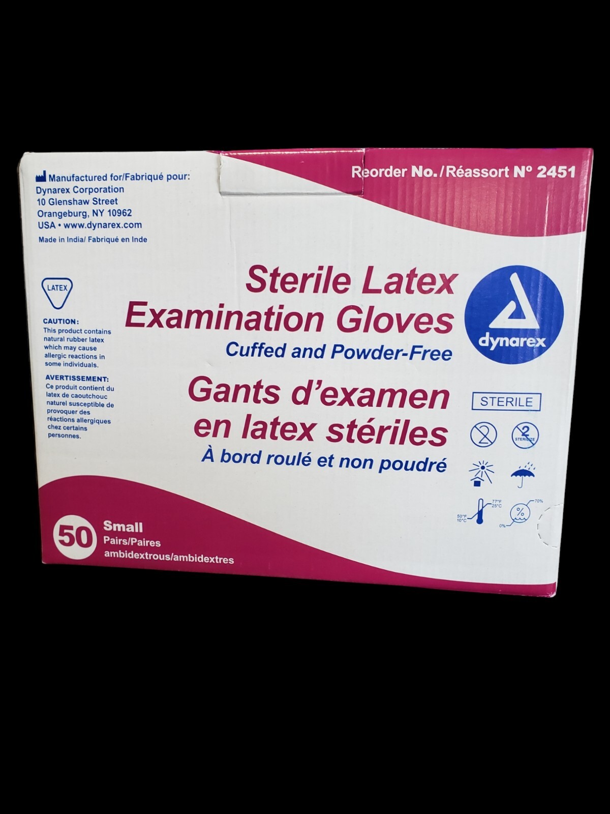 Dynarex #2451 Sterile Latex Surgical Gloves, Sz Small Box of 50 Pairs Exp 08/27 Dynarex #2451 Sterile Latex Surgical Gloves, Sz Small Box of 50 Pairs Exp 08/27