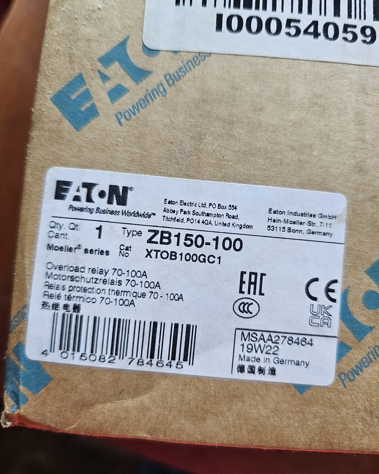 NOS Eaton ZB150-100 Thermal Overload Relay XTOB100GC1 70-100A NOS Eaton ZB150-100 Thermal Overload Relay XTOB100GC1 70-100A