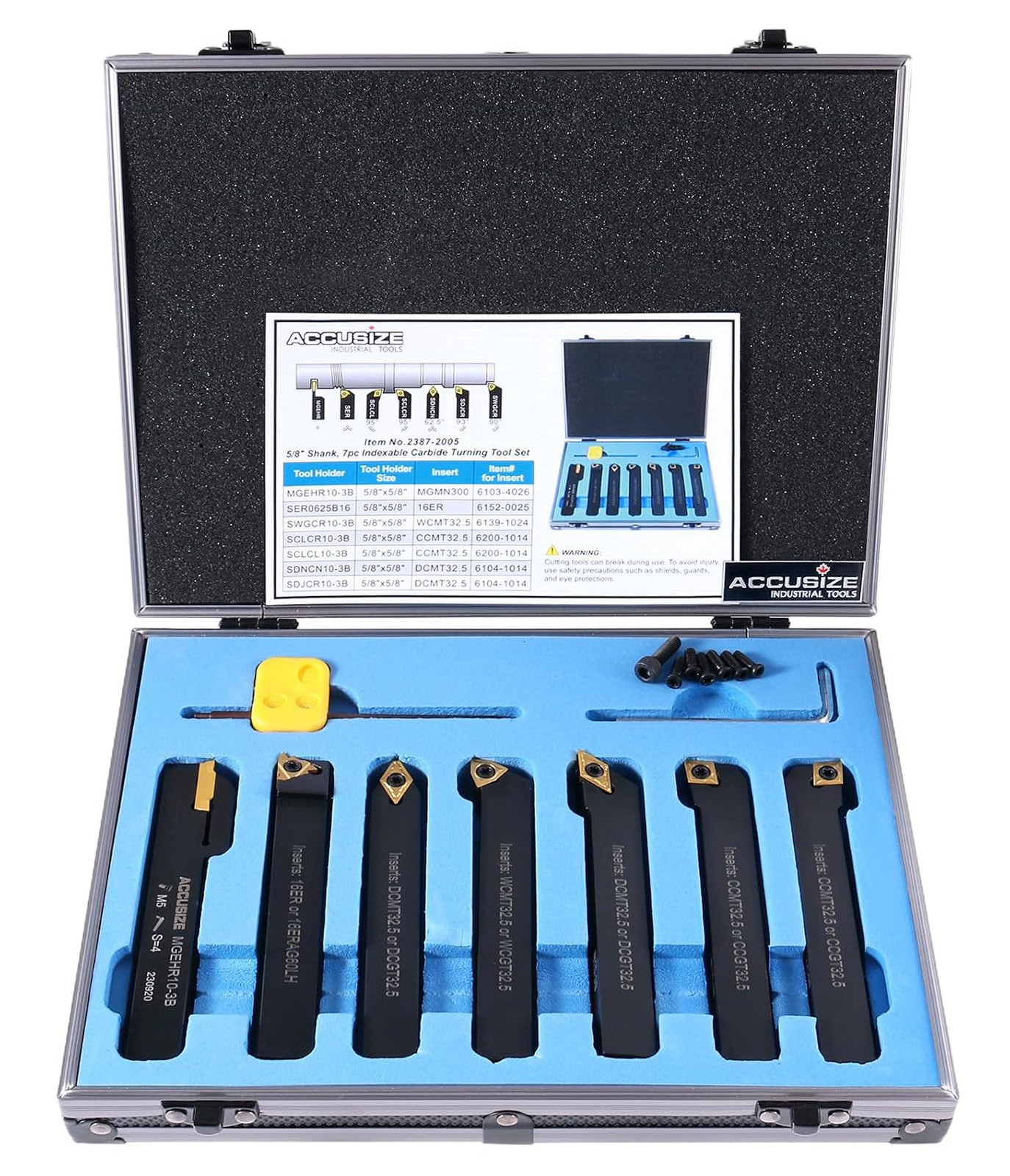 Accusize Industrial Tools 5/8'' Shank 7 Pc Indexable Carbide Turning Tool Set in