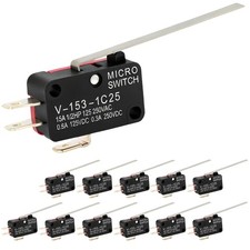 12 Pcs Micro Limit Switch with Long Hinge Lever (V-153-1C25), Black picture