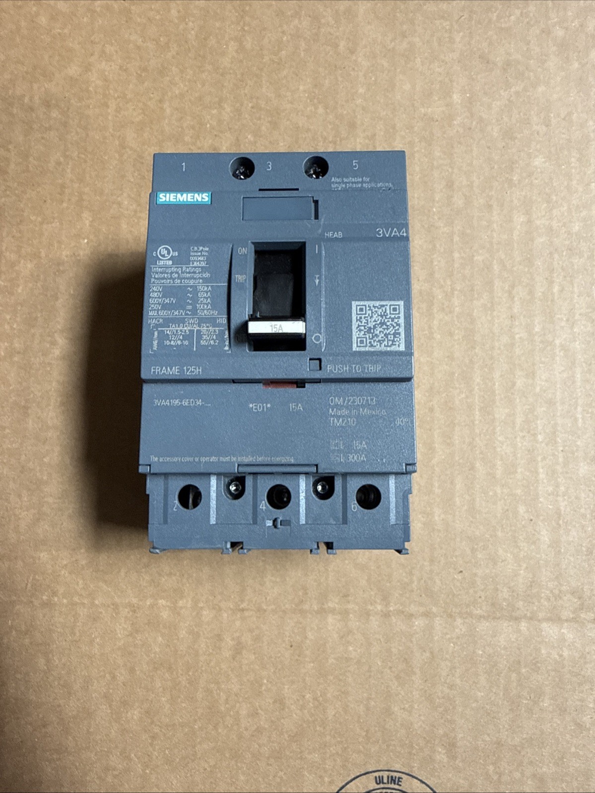 New - Siemens 3VA4195-6ED34-0AA0 15 Amp 600Y/347 VAC 3 Pole Type 3VA4 Breaker