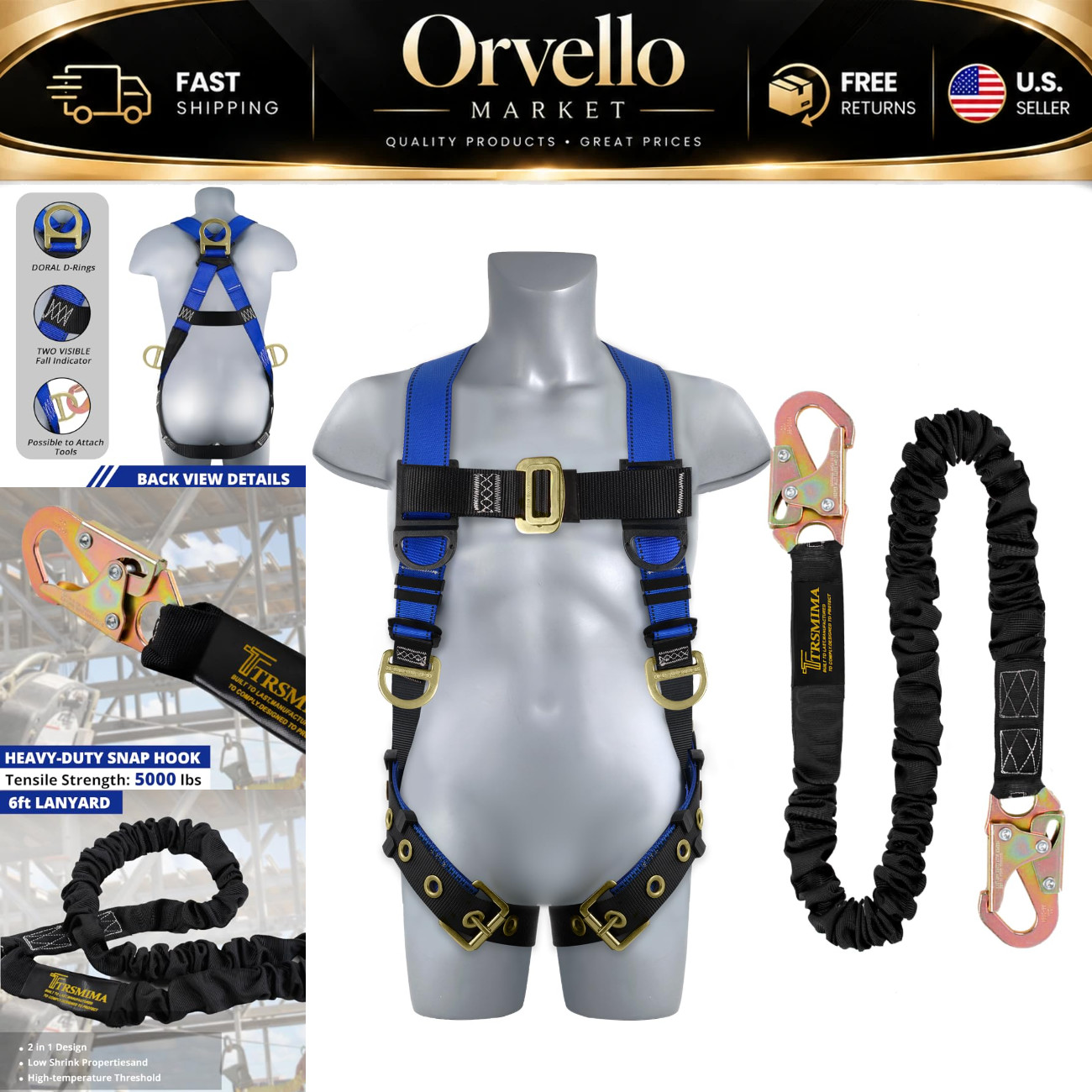 Safety Harness Fall Protection Kit - Adjustable Construction Safety Gear, OSHA C Safety Harness Fall Protection Kit - Adjustable Construction Safety Gear, OSHA C