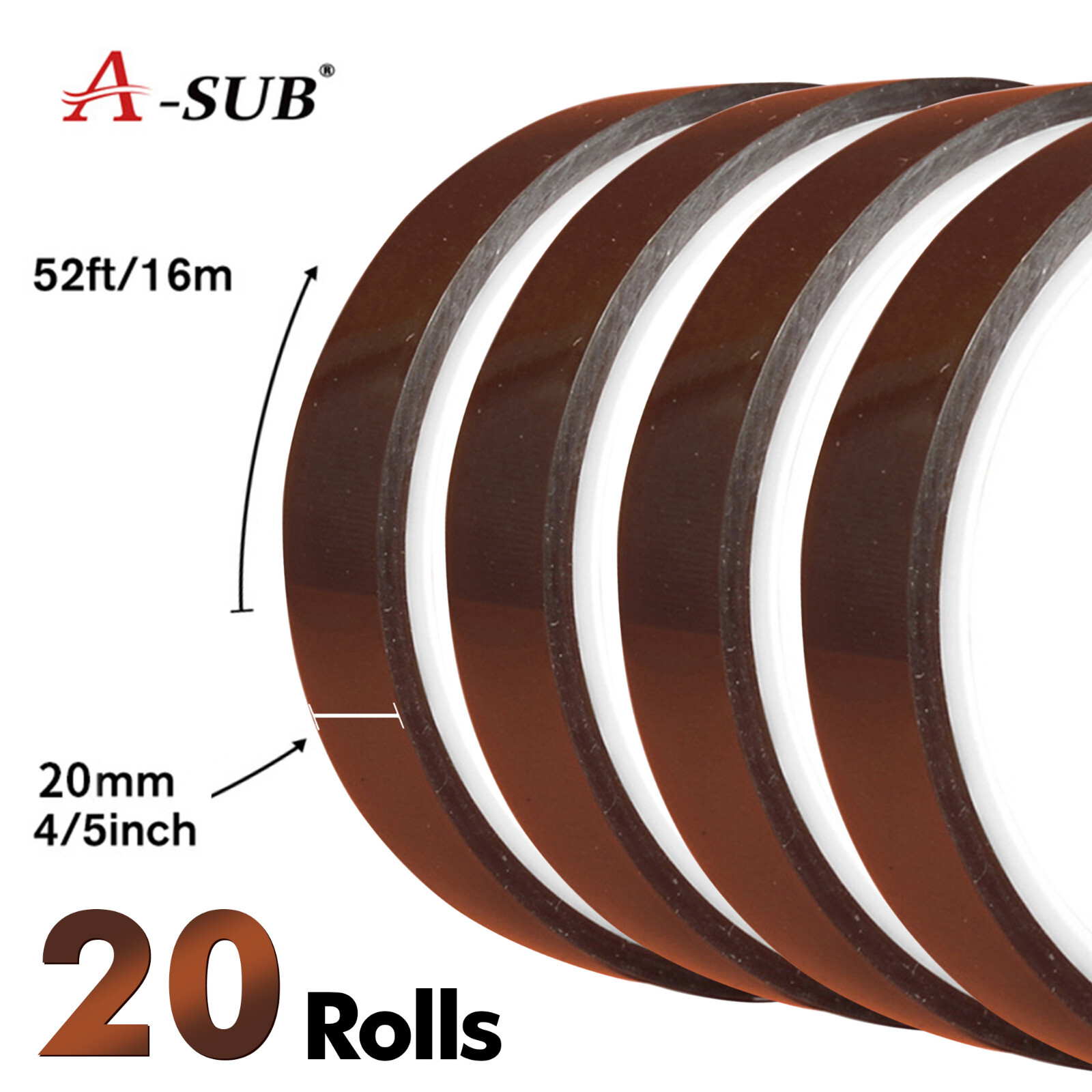 20 Rolls A-SUB Heat Resistant Tape 20 mm x 16 m Sublimation Tape Kapton Poilymid 20 Rolls A-SUB Heat Resistant Tape 20 mm x 16 m Sublimation Tape Kapton Poilymid