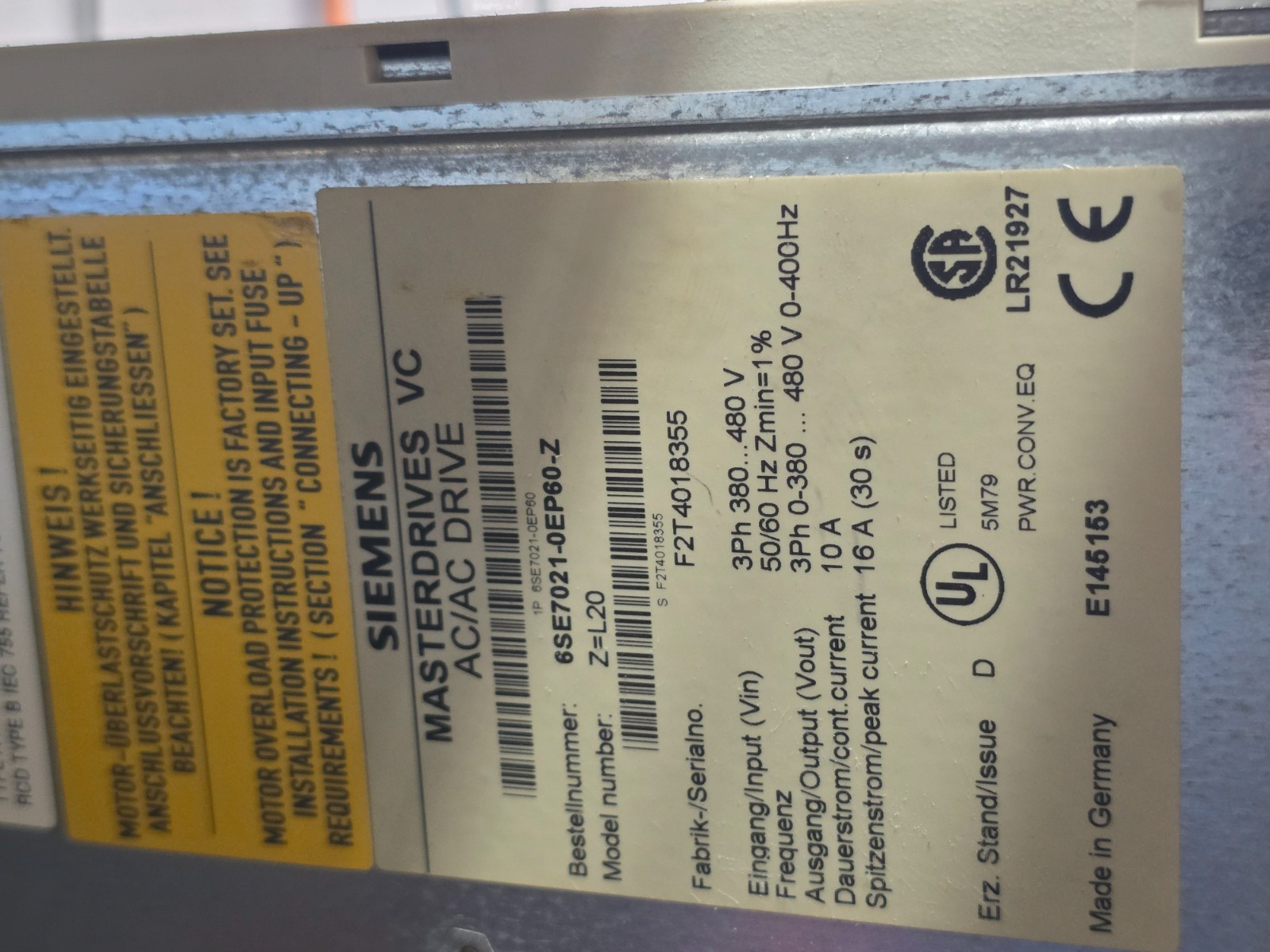 Siemens 6SE7021-0EP60-Z SIMOVERT MASTERDRIVES Vector Control Drive Siemens 6SE7021-0EP60-Z SIMOVERT MASTERDRIVES Vector Control Drive