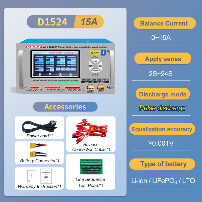 SUNKKO D1524 Li Battery Pack Equalizer Repair Analyzer 15A Bluetooth APP Control
