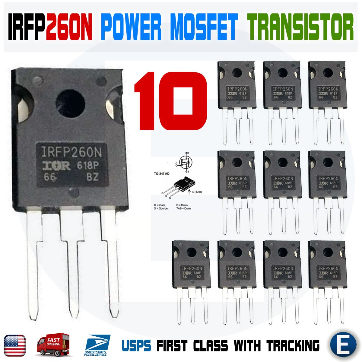 10pcs IRFP260N Power MOSFET IRFP260 N-Channel Transistor 50A 200V TO-247 10pcs IRFP260N Power MOSFET IRFP260 N-Channel Transistor 50A 200V TO-247