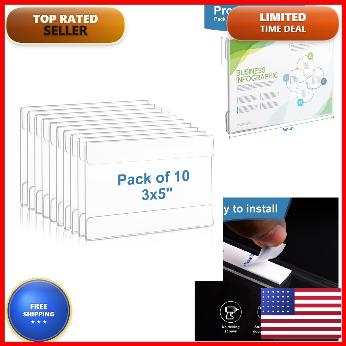 Lesnlok 10 Pack Wall Mount Acrylic Sign Holder 3x5 inch 3M Tape Adhesive No Lesnlok 10 Pack Wall Mount Acrylic Sign Holder 3x5 inch 3M Tape Adhesive No