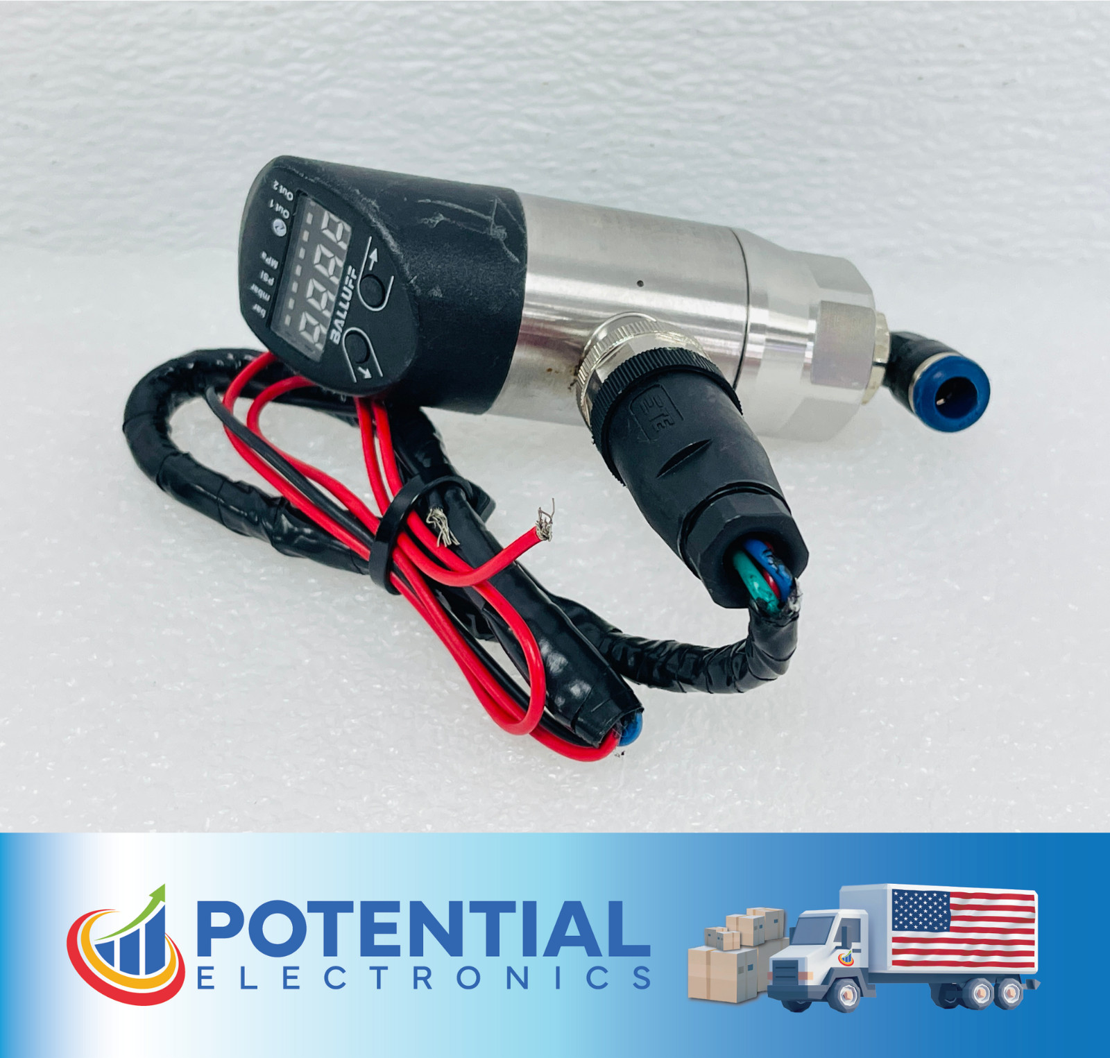 Balluff BSP00Y6 Pneumatic Pressure Sensor w/ Display, 0-20bar, 18-30VDC, 4-20mA Balluff BSP00Y6 Pneumatic Pressure Sensor w/ Display, 0-20bar, 18-30VDC, 4-20mA
