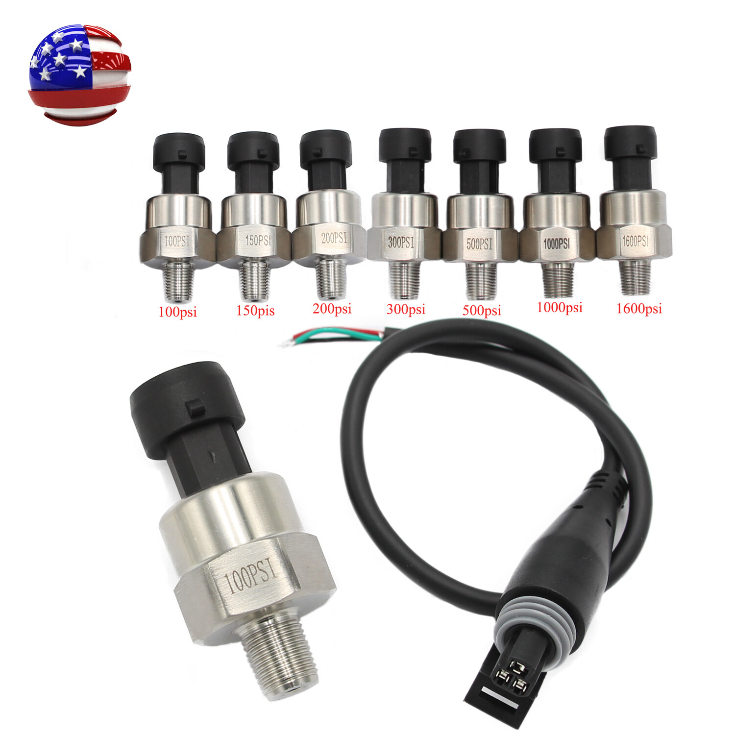 5V Fuel Pressure Transducer 100/150/200/300/500/1000/1600Psi for Oil Air Water 5V Fuel Pressure Transducer 100/150/200/300/500/1000/1600Psi for Oil Air Water