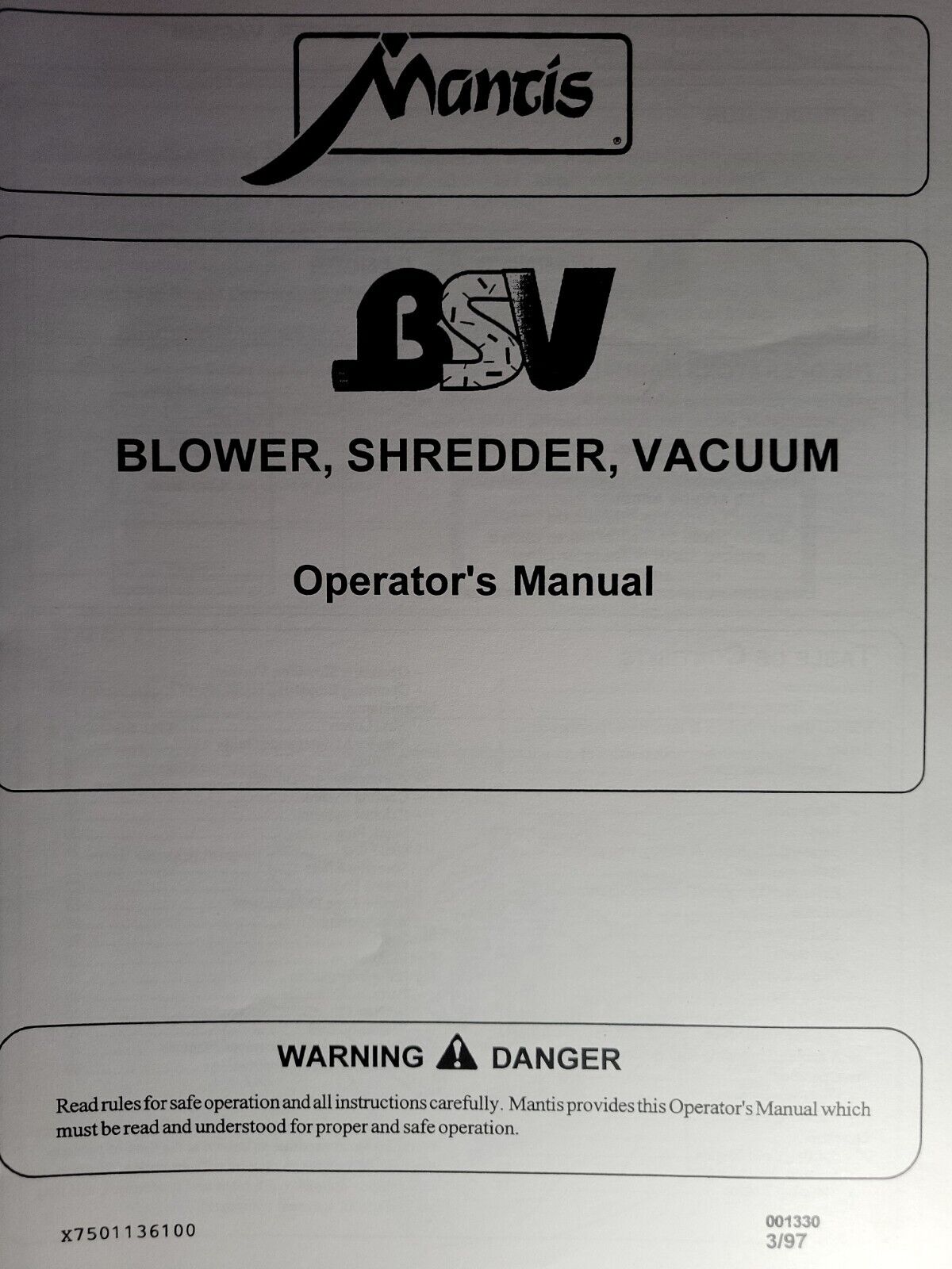 Mantis Little Wonder BSV Handheld Blower Shredder Vacuum Owner & Parts Manual 