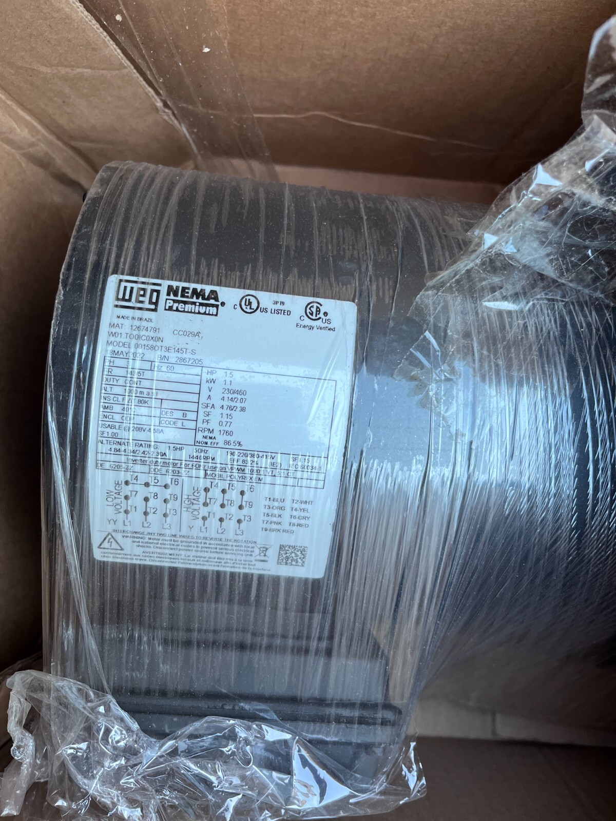 WEG Nema Premium motor 00158ot3e145t-s 1.5hp 60hz 3ph 230/460 WEG Nema Premium motor 00158ot3e145t-s 1.5hp 60hz 3ph 230/460