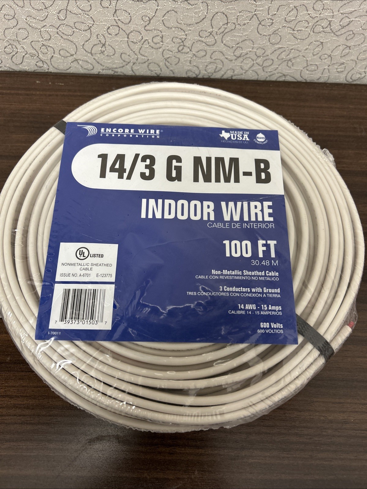 Encore Wire 14/3 G NM-B Indoor Wire 100Ft Non-Metallic Sheathed Cable 600 Volts Encore Wire 14/3 G NM-B Indoor Wire 100Ft Non-Metallic Sheathed Cable 600 Volts