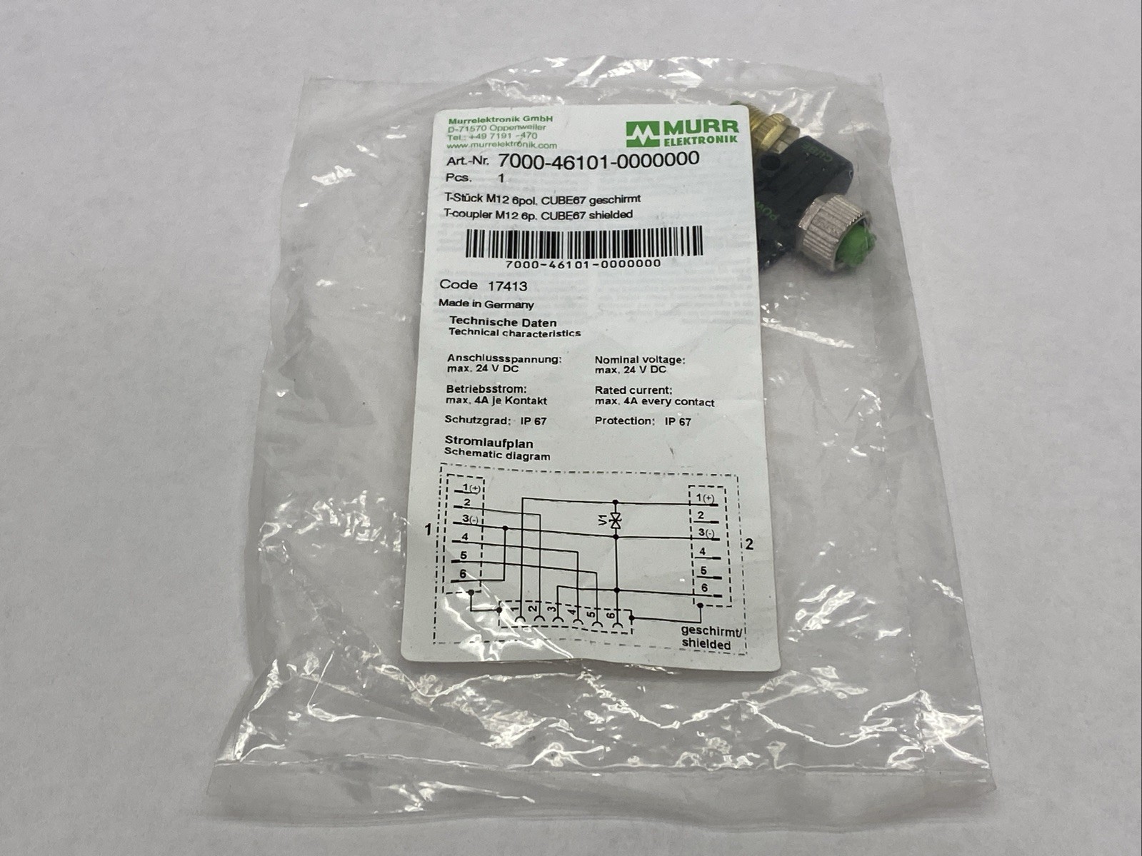 Murrelektronik 7000-46101-0000000 T-Coupler Female M12 / 2x Male M12 6-Pin