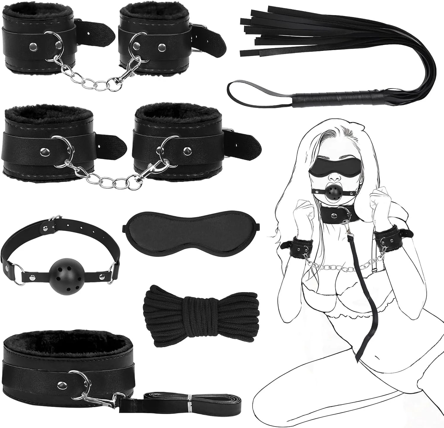 7PCS BDSM Restraints Set with Adjustable Sex Wrist & Ankle Cuffs, Collar, Bondag 7PCS BDSM Restraints Set with Adjustable Sex Wrist & Ankle Cuffs, Collar, Bondag