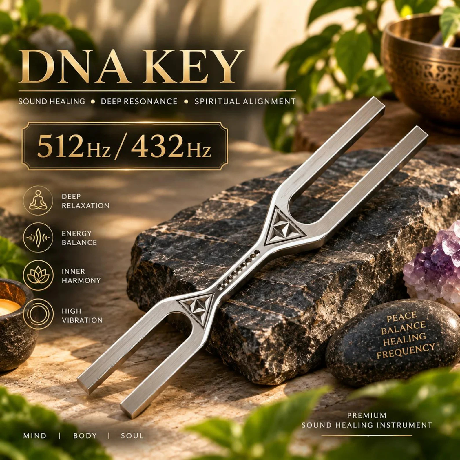 DNA Key Tuning Fork 512 Hz / 432 Hz, Dual Frequency Sound Meditation Instrument