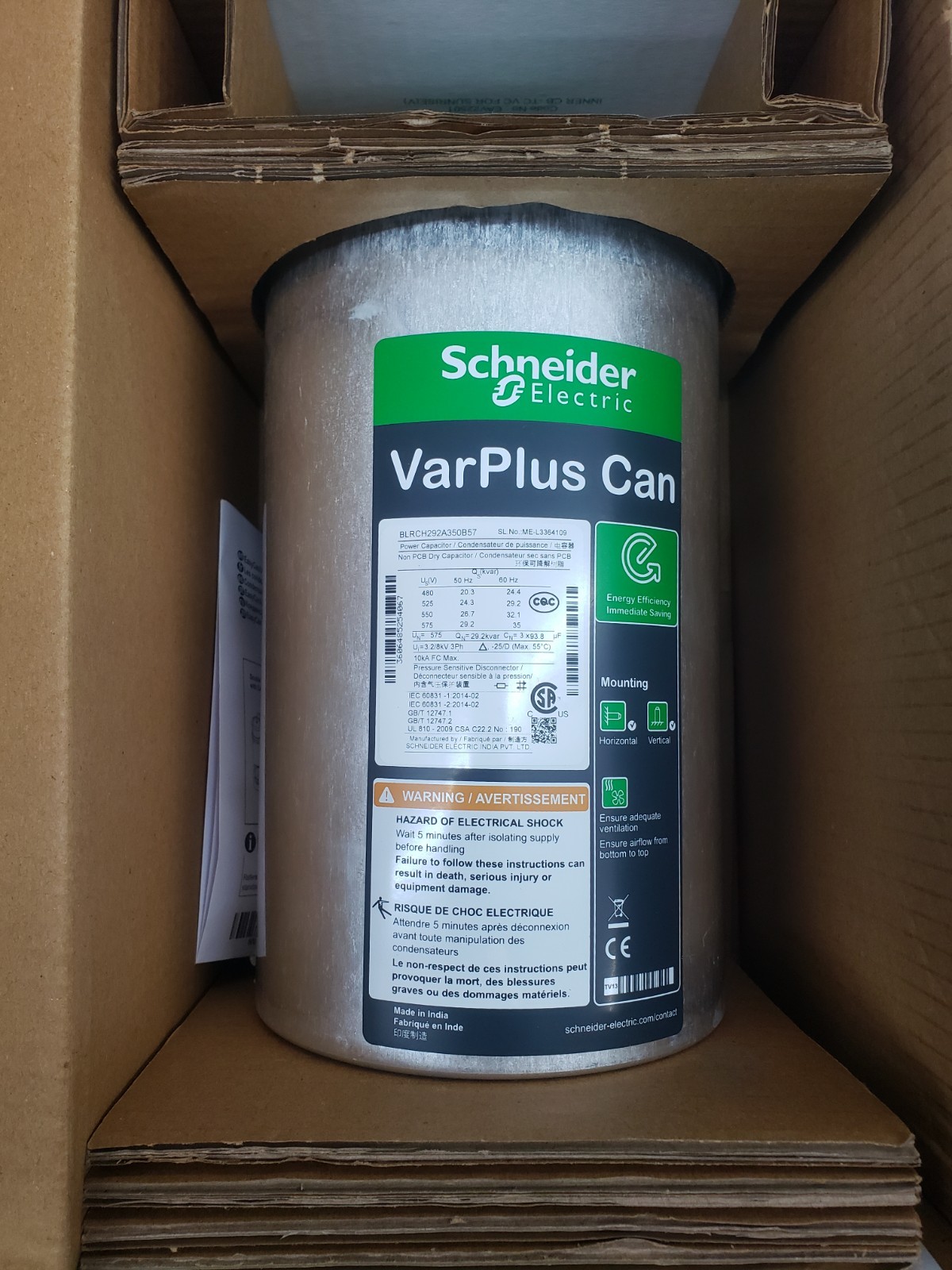Schneider Electric BLRCH292A350B57 VarPlus Can Three Phase Capacitor Schneider Electric BLRCH292A350B57 VarPlus Can Three Phase Capacitor