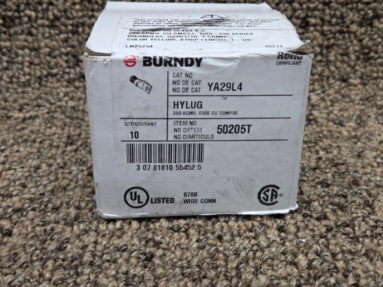 Box of (10) Burndy YA29L4 250MCM CU 1 Hole Short 3/8 Compression Lug Box of (10) Burndy YA29L4 250MCM CU 1 Hole Short 3/8 Compression Lug
