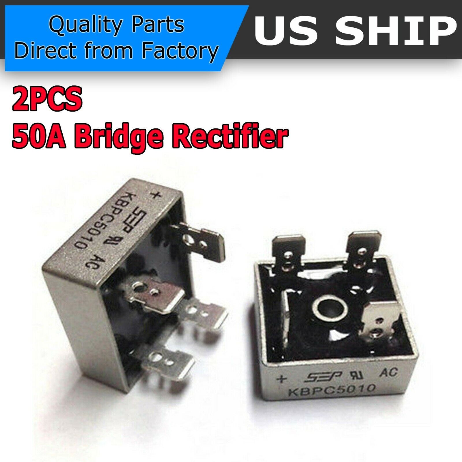 2Pcs 1000V 50A Metal Case Single Phase Diode Bridge Rectifier KBPC5010