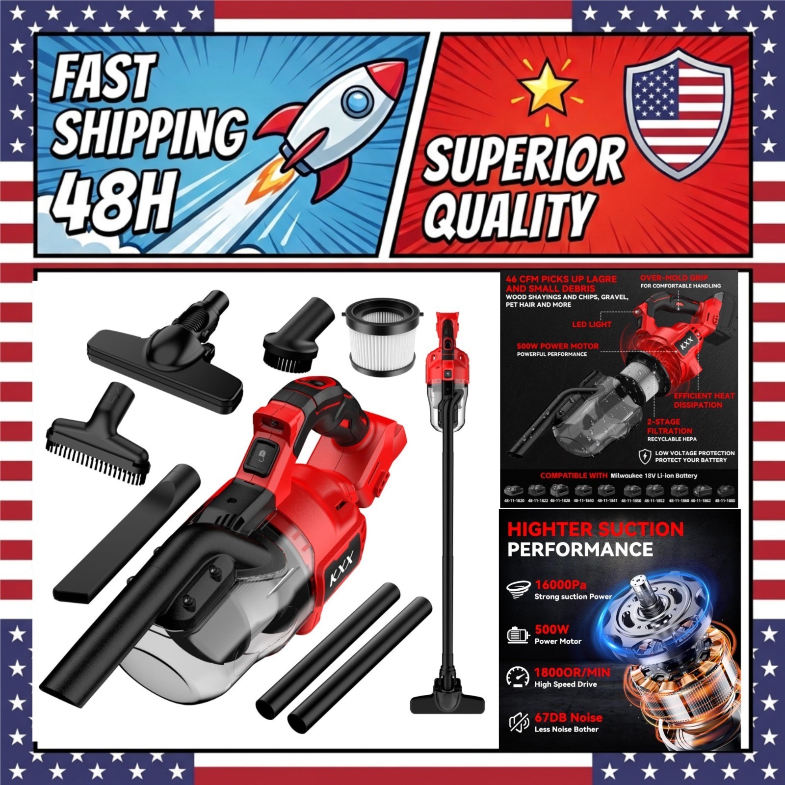 Cordless Handheld Vacuum for Milwaukee M18 Battery 500W HEPA 5-in-1 Car Vac Cordless Handheld Vacuum for Milwaukee M18 Battery 500W HEPA 5-in-1 Car Vac