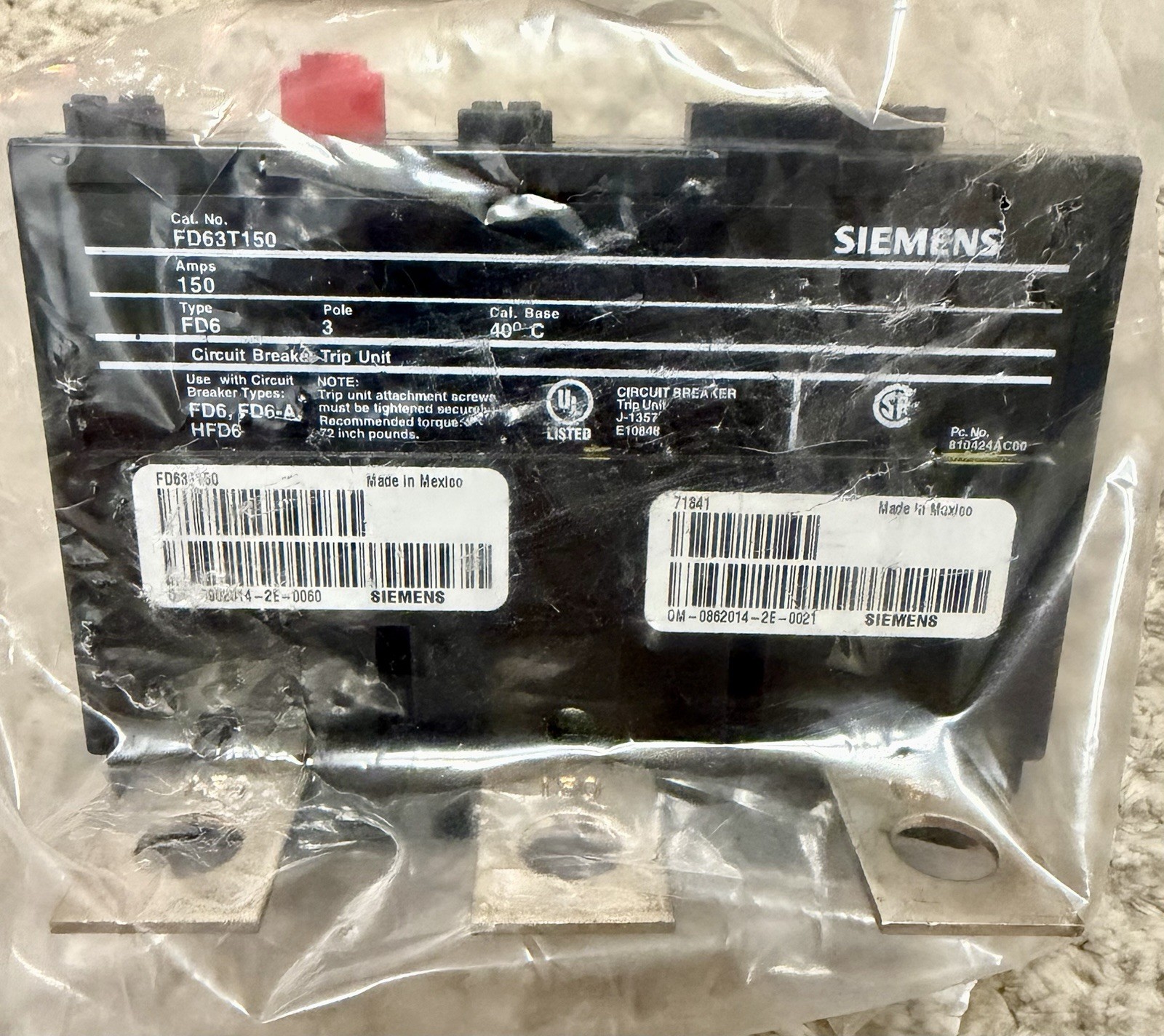 SIEMENS FD63T150 150 amp 600v 3 Pole Trip Unit NOS-Missing Original Box SIEMENS FD63T150 150 amp 600v 3 Pole Trip Unit NOS-Missing Original Box