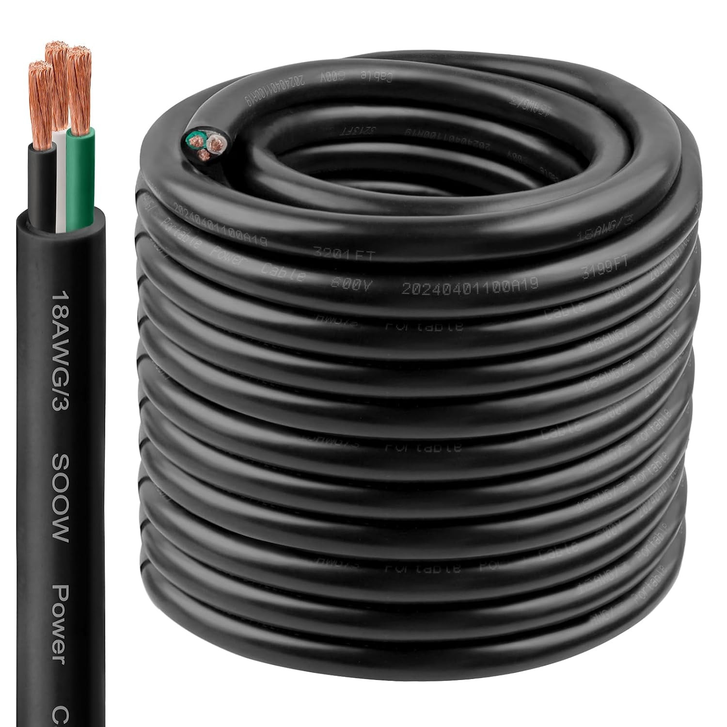 18/3 SOOW Wire 100FT, 18 AWG 600V SOOW Bulk Cable, 18 Gauge 3 Conductor Portable